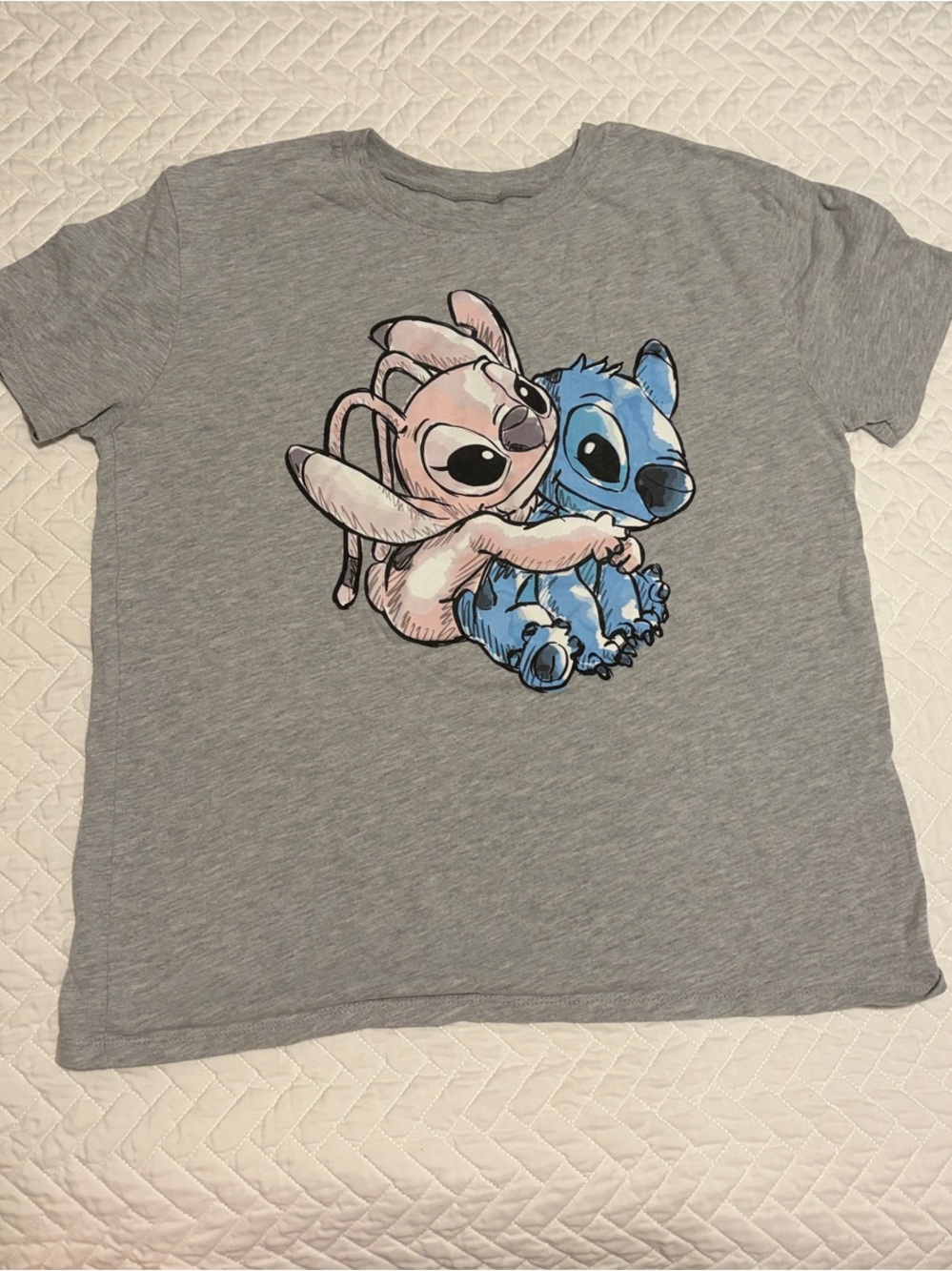 Disney Gray Short Sleeve Tee with Pink and Blue Stitch Characters